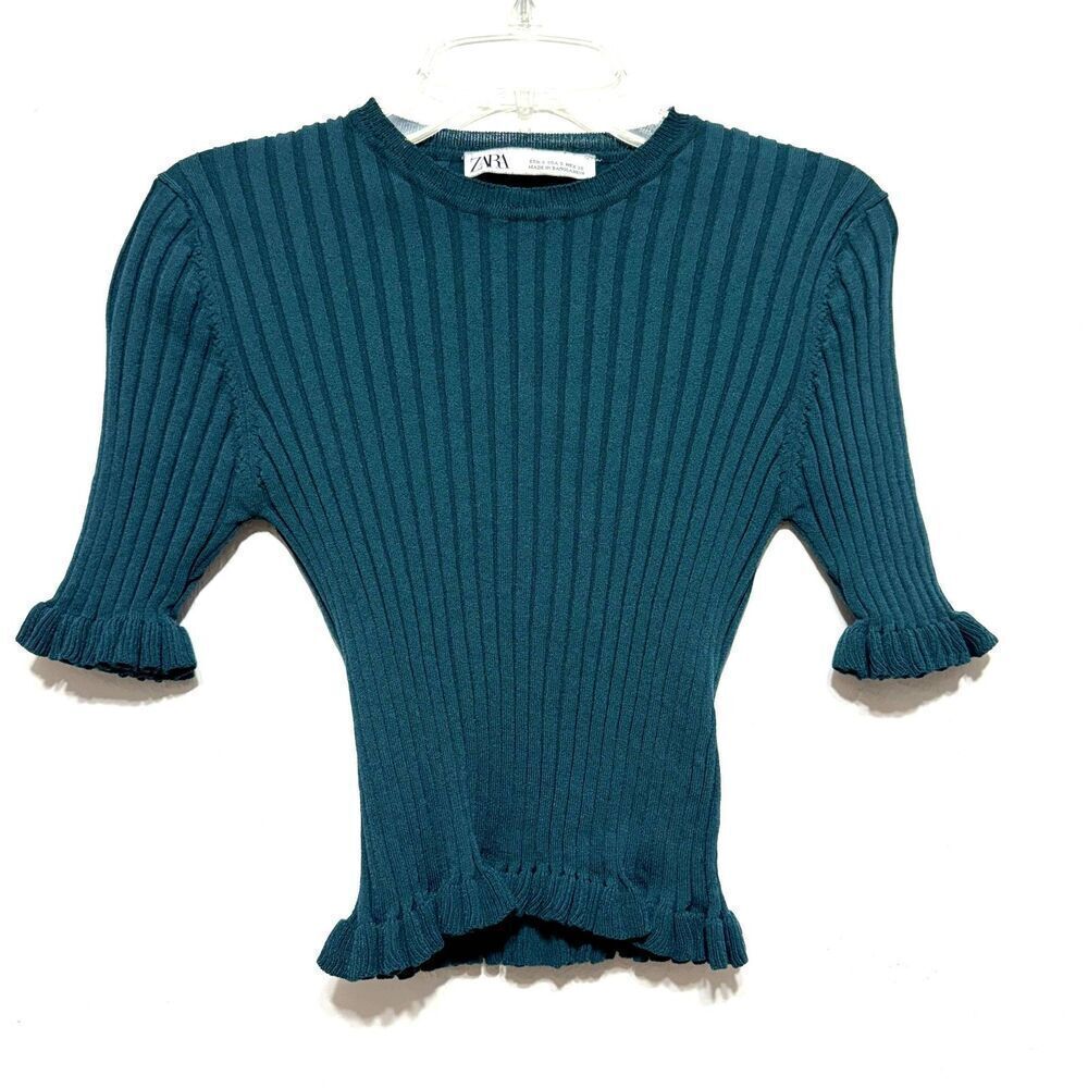 Zara Sweater Cropped Ruffle Green Ribbed Short Sleeve Round Neck Knit size Small - Picture 2 of 8